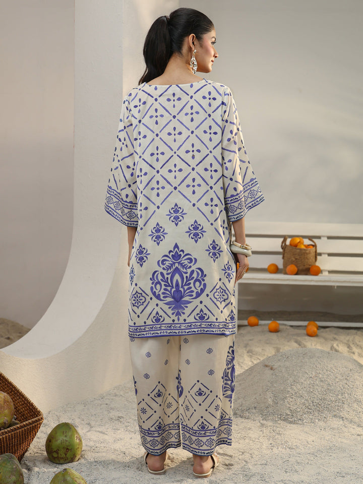 Off White Ethnic Printed Viscose Co-Ord Set