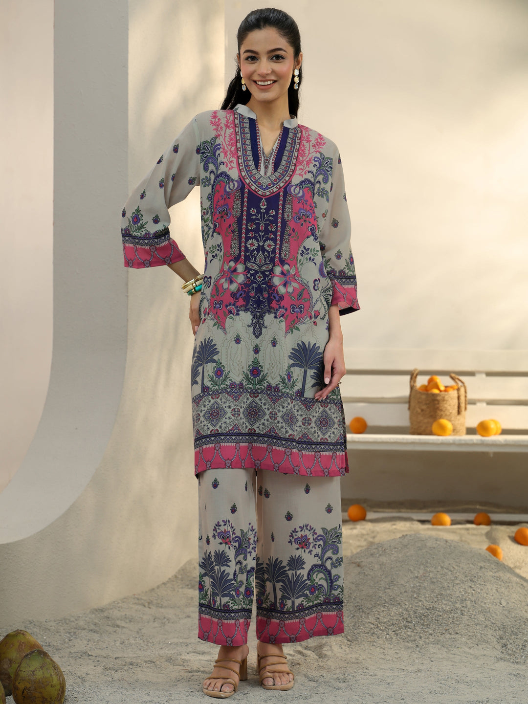 Off White Ethnic Printed Cotton Blend Co-Ord Set
