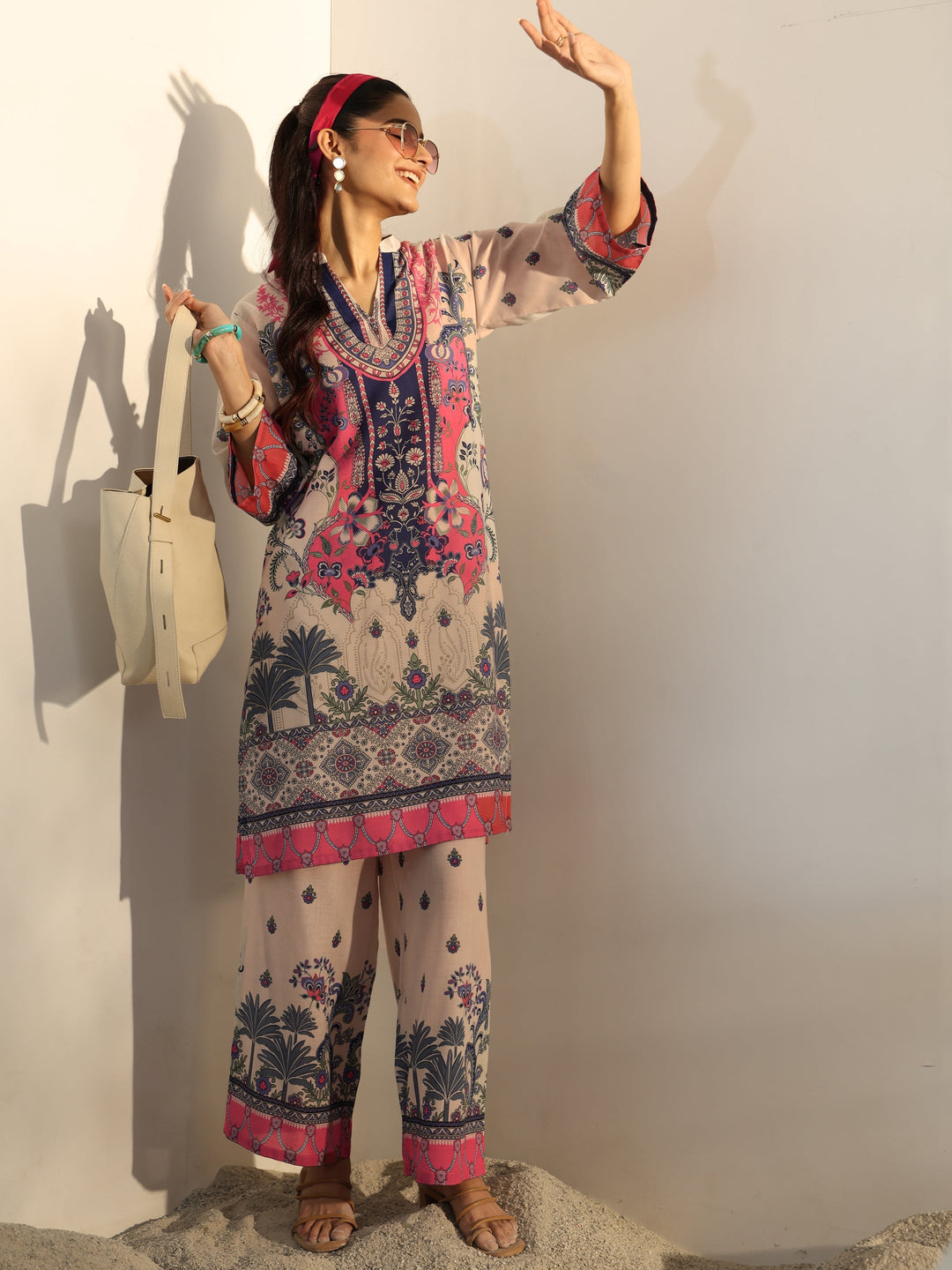 Off White Ethnic Printed Cotton Blend Co-Ord Set