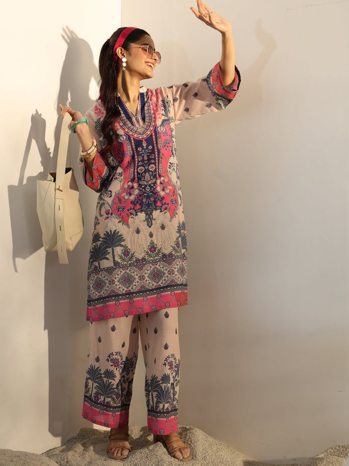 Off White Ethnic Printed Cotton Blend Co-Ord Set