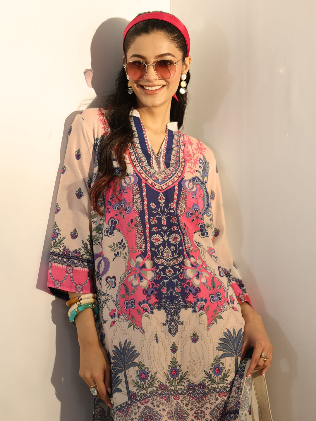 Off White Ethnic Printed Cotton Blend Co-Ord Set