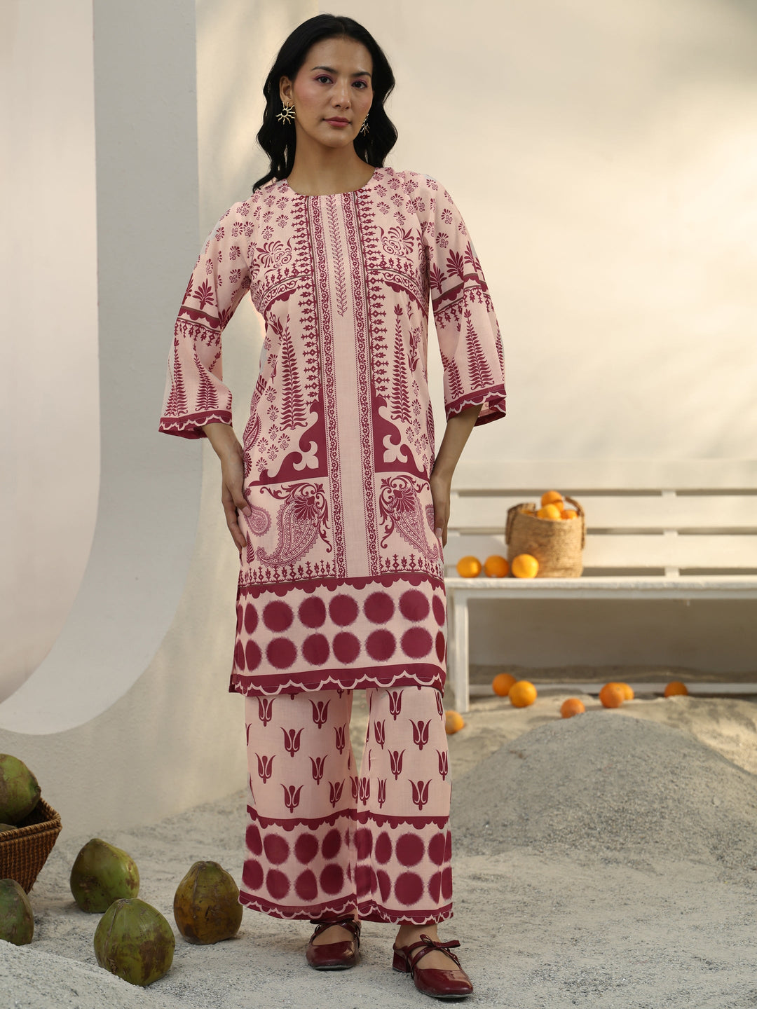 Ivory Ethnic Printed Cotton Blend Co-Ord Set