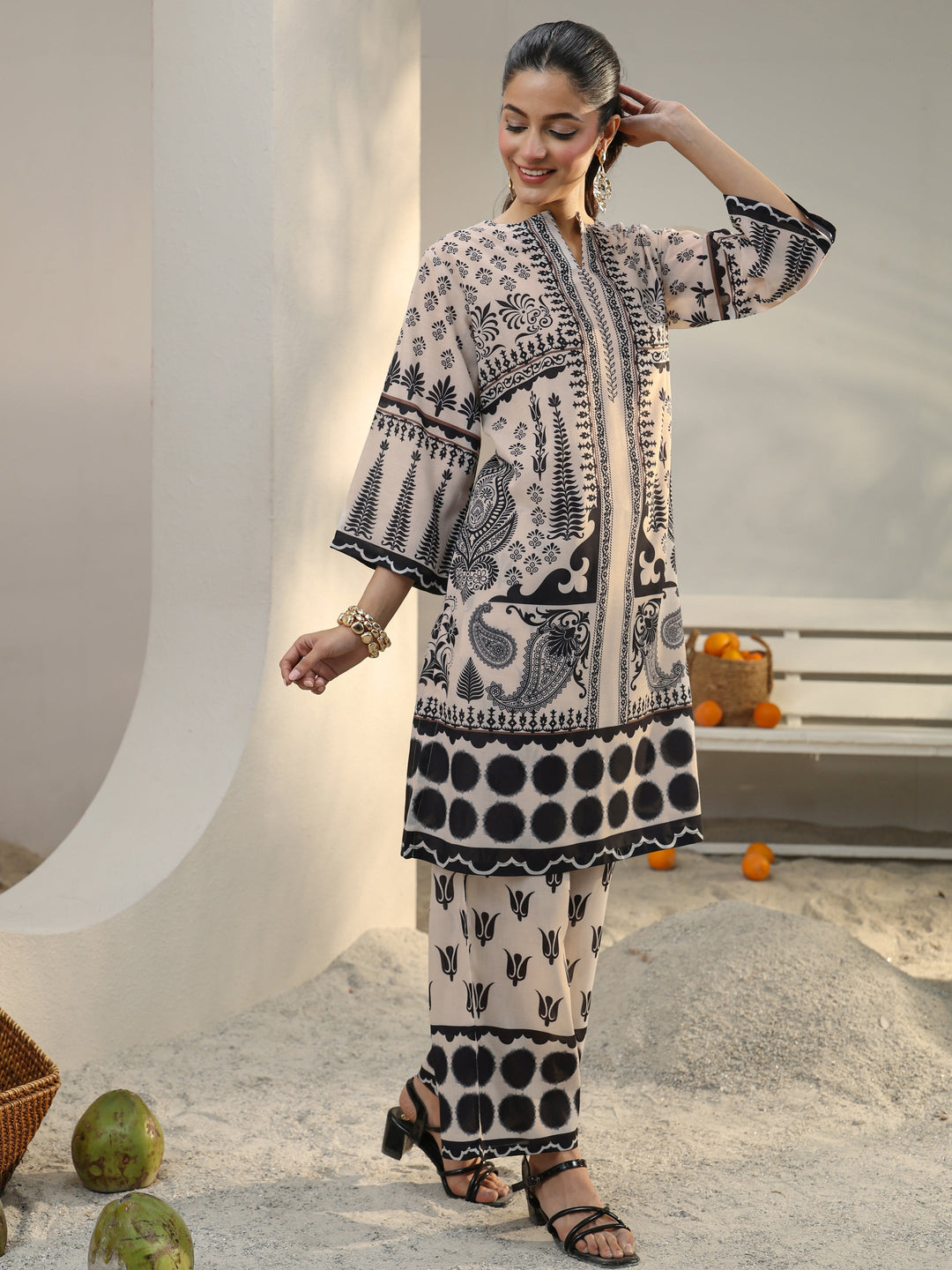 Ivory Ethnic Printed Cotton Blend Co-Ord Set