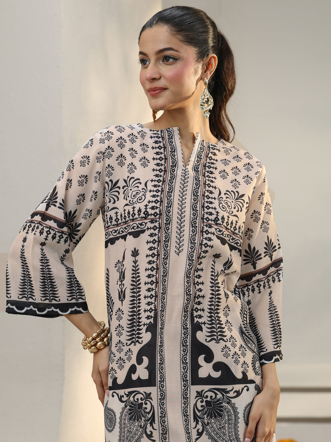 Ivory Ethnic Printed Cotton Blend Co-Ord Set