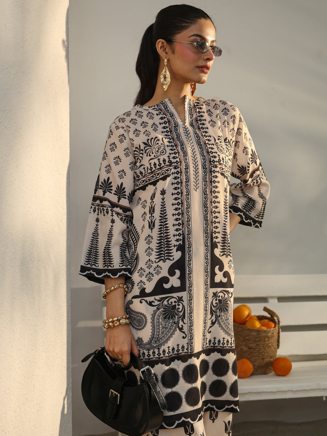 Ivory Ethnic Printed Cotton Blend Co-Ord Set