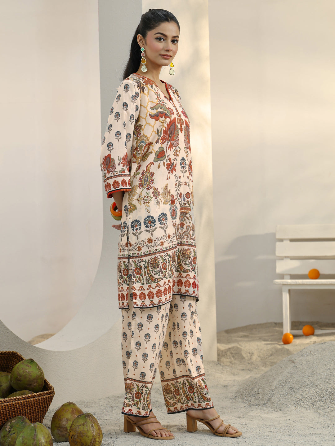 Ivory Ethnic Printed Cotton Blend Co-Ord Set