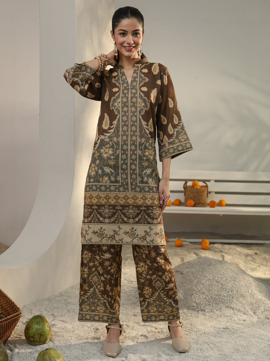 Brown Floral Printed Cotton Blend Co-Ord Set