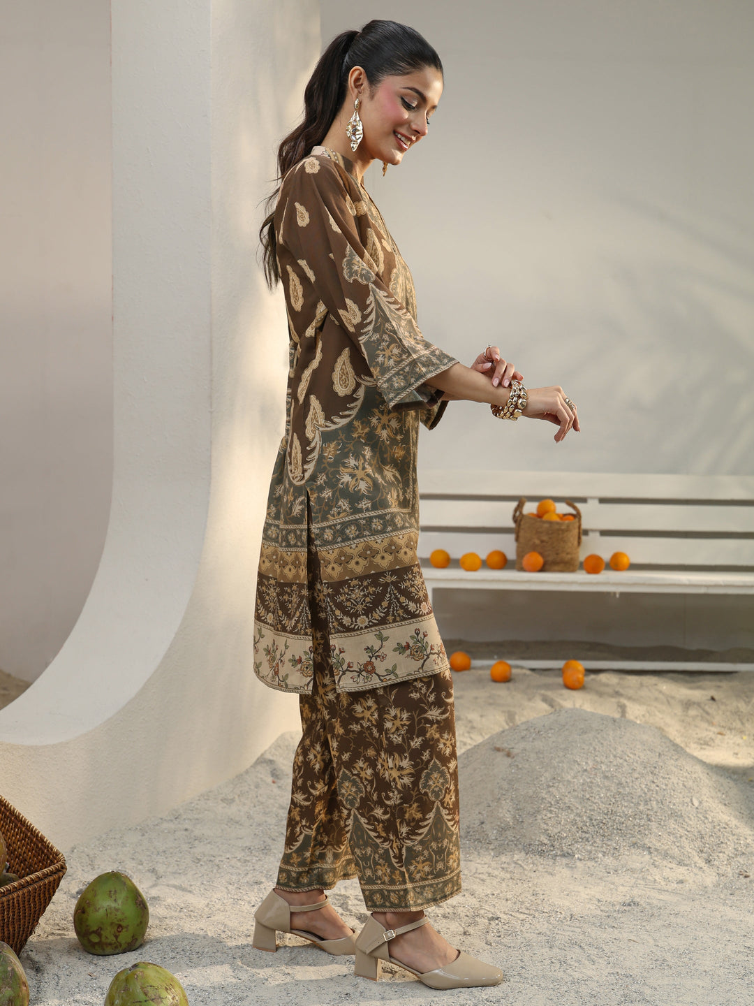 Brown Floral Printed Cotton Blend Co-Ord Set