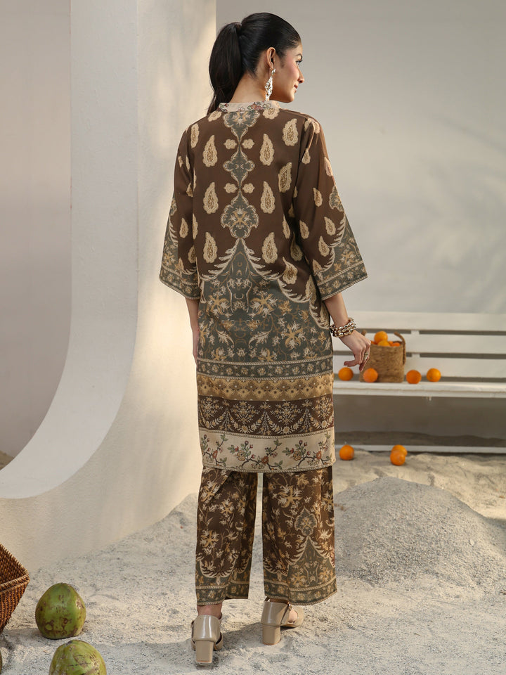 Brown Floral Printed Cotton Blend Co-Ord Set