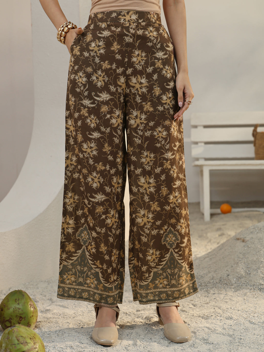 Brown Floral Printed Cotton Blend Co-Ord Set