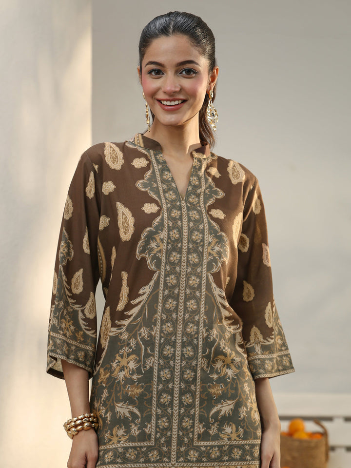 Brown Floral Printed Cotton Blend Co-Ord Set
