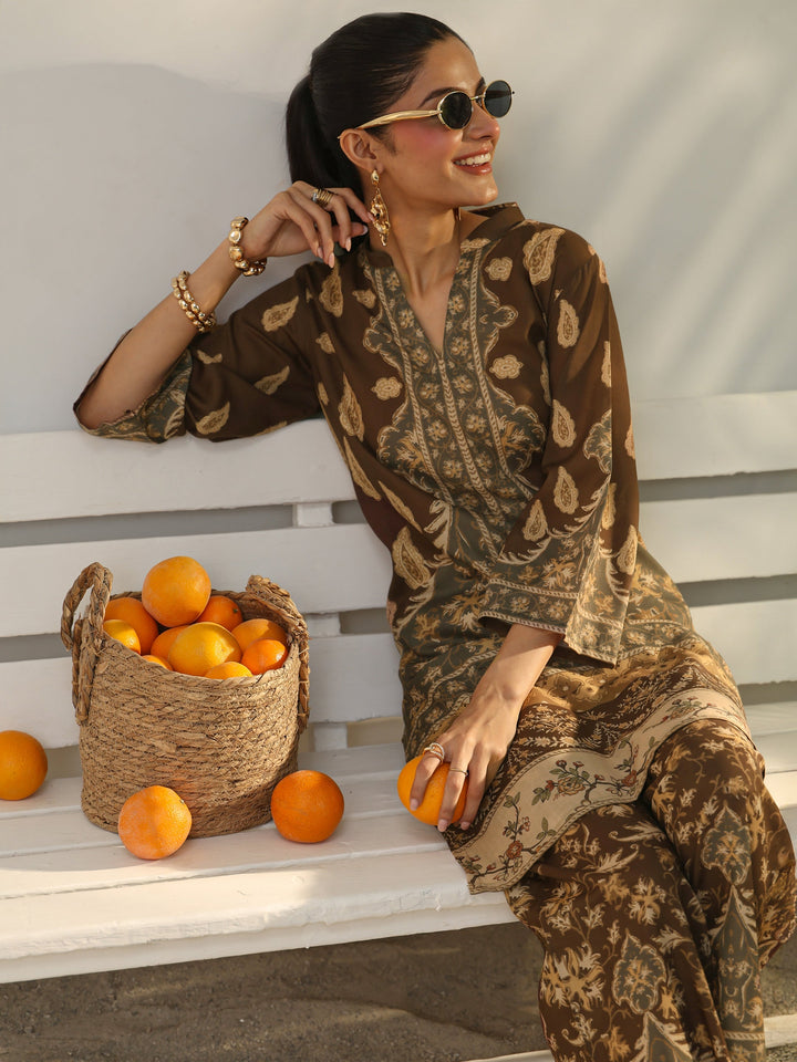 Brown Floral Printed Cotton Blend Co-Ord Set