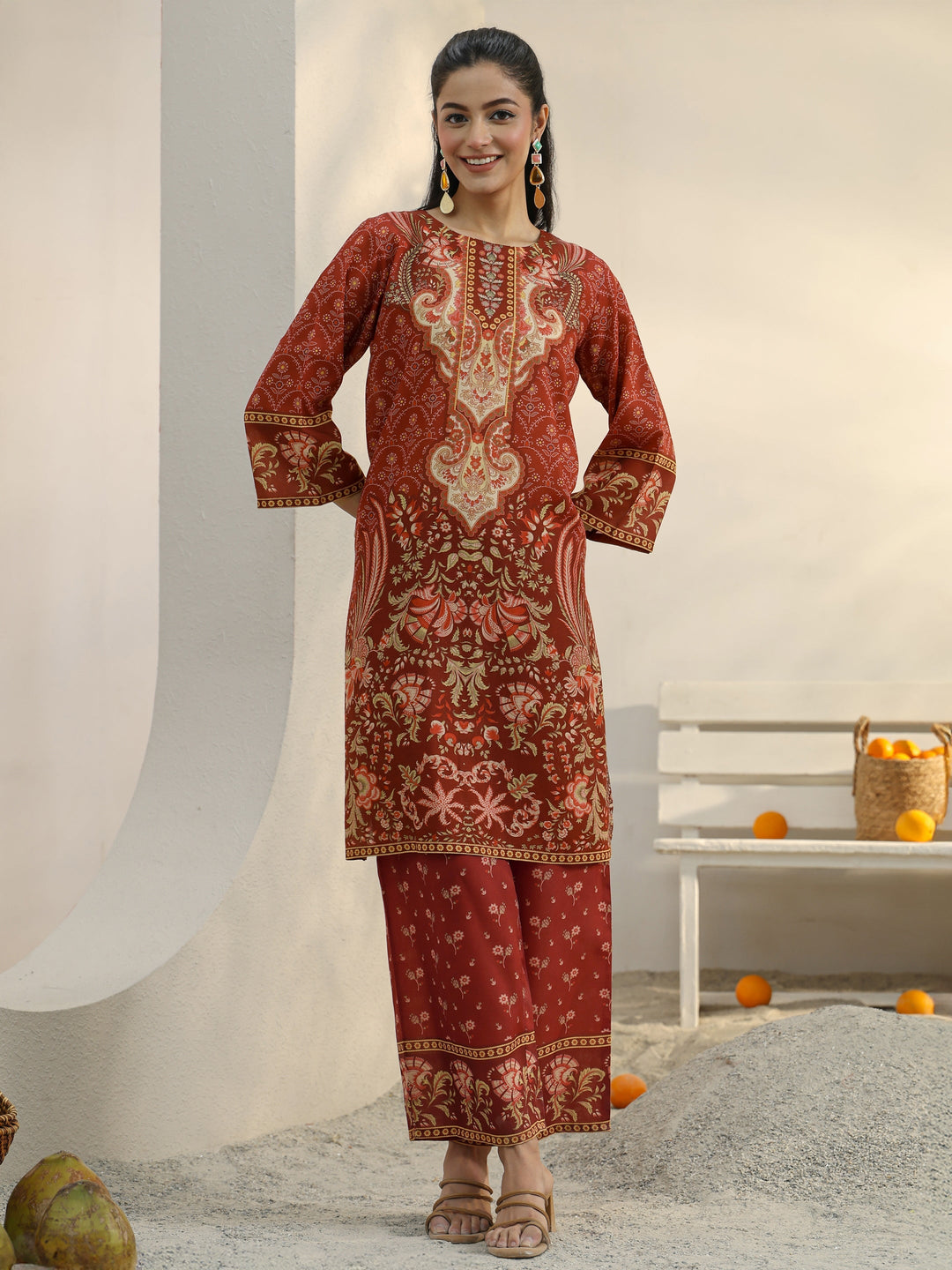 Rust Ethnic Printed Cotton Blend Co-Ord Set