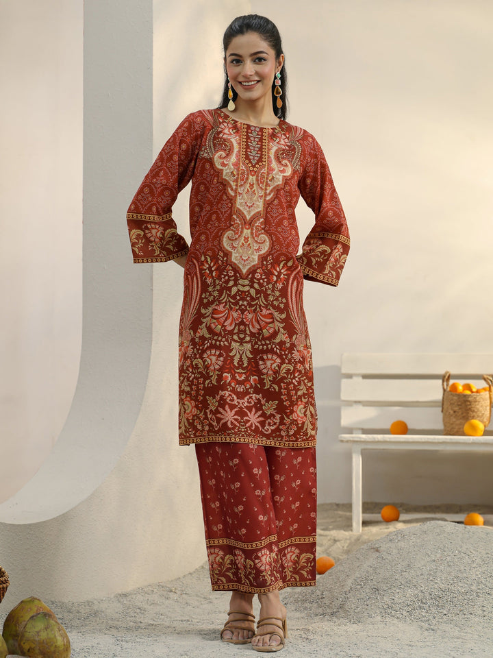 Rust Ethnic Printed Cotton Blend Co-Ord Set