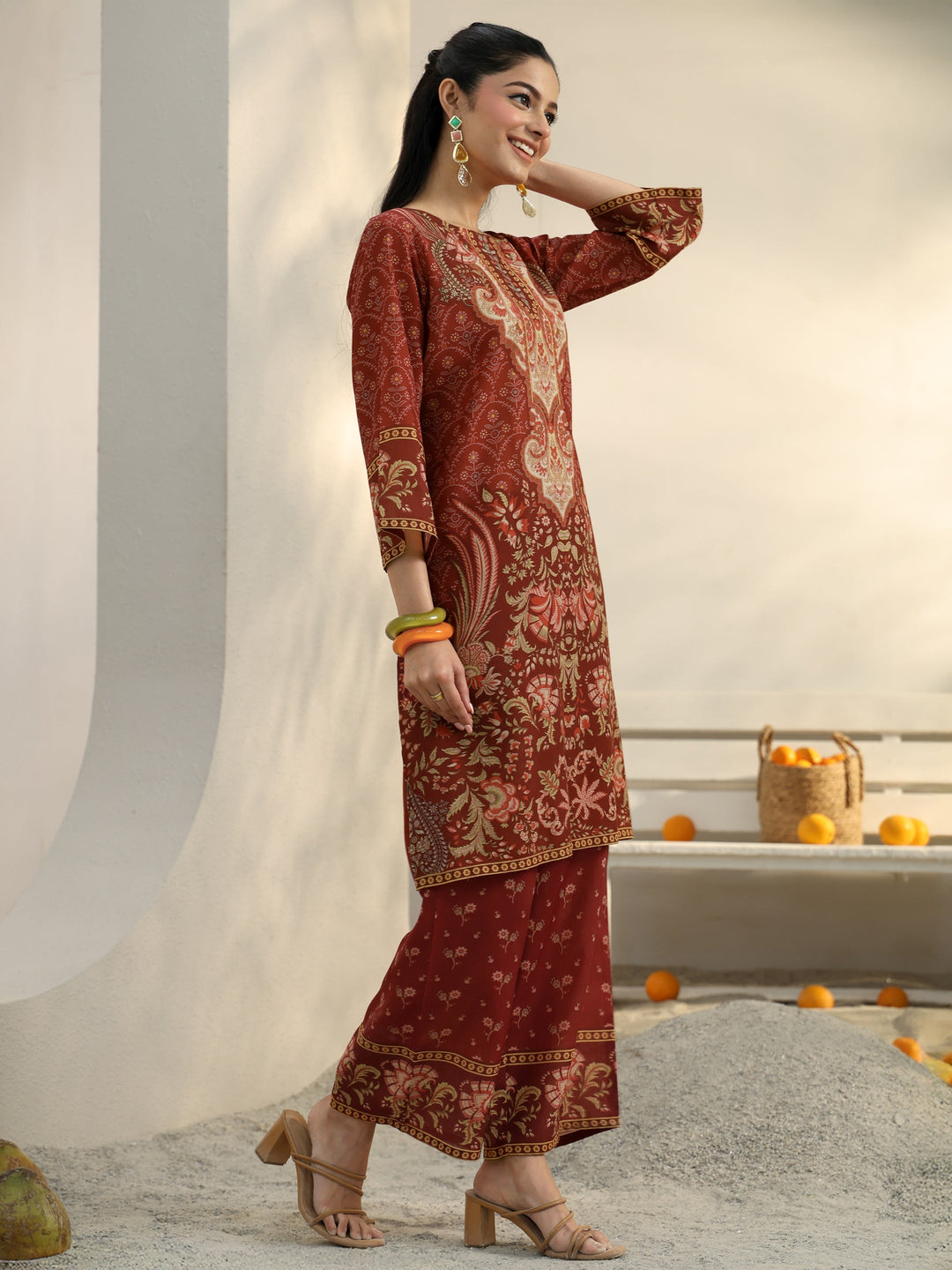 Rust Ethnic Printed Cotton Blend Co-Ord Set