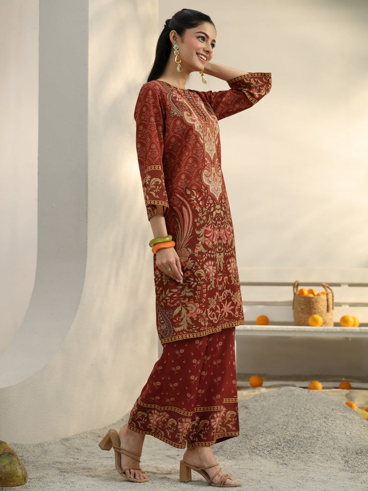 Rust Ethnic Printed Cotton Blend Co-Ord Set