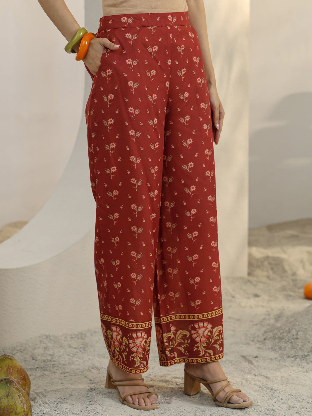 Rust Ethnic Printed Cotton Blend Co-Ord Set