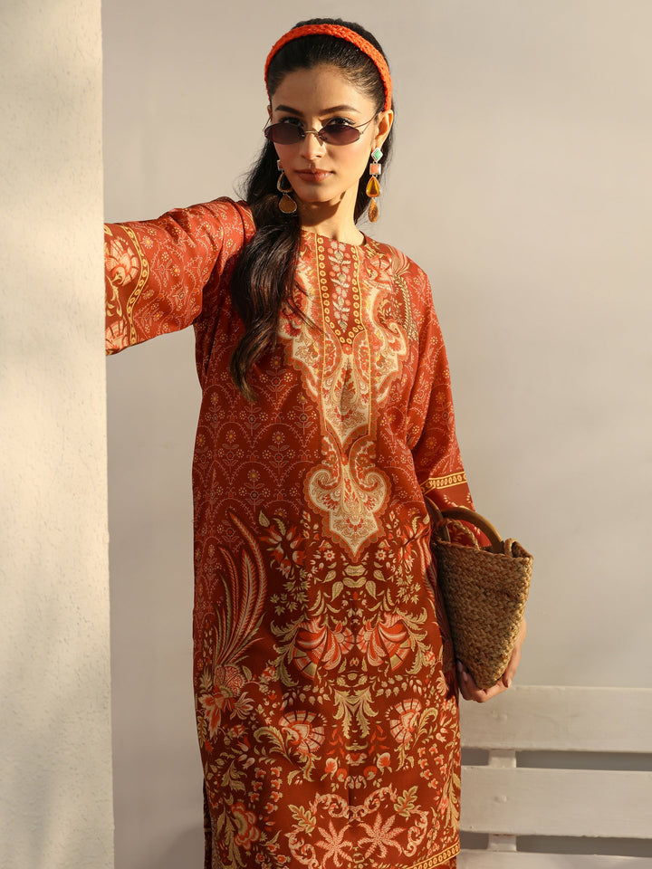 Rust Ethnic Printed Cotton Blend Co-Ord Set