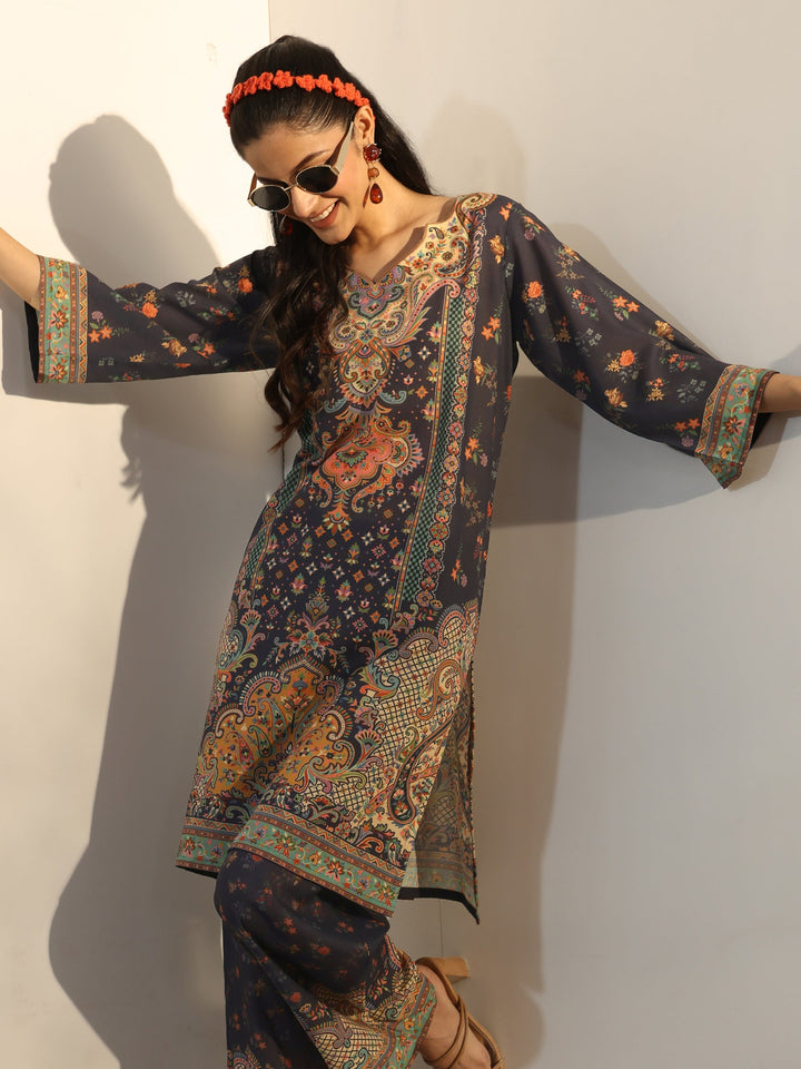 Navy Blue Ethnic Printed Cotton Blend Co-Ord Set