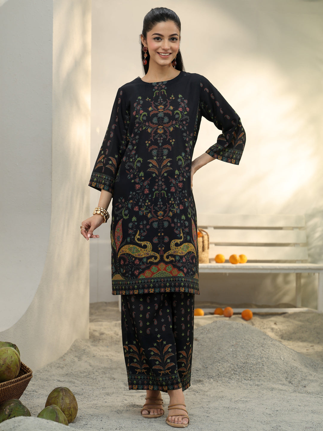 Black Ethnic Printed Cotton Blend Co-Ord Set