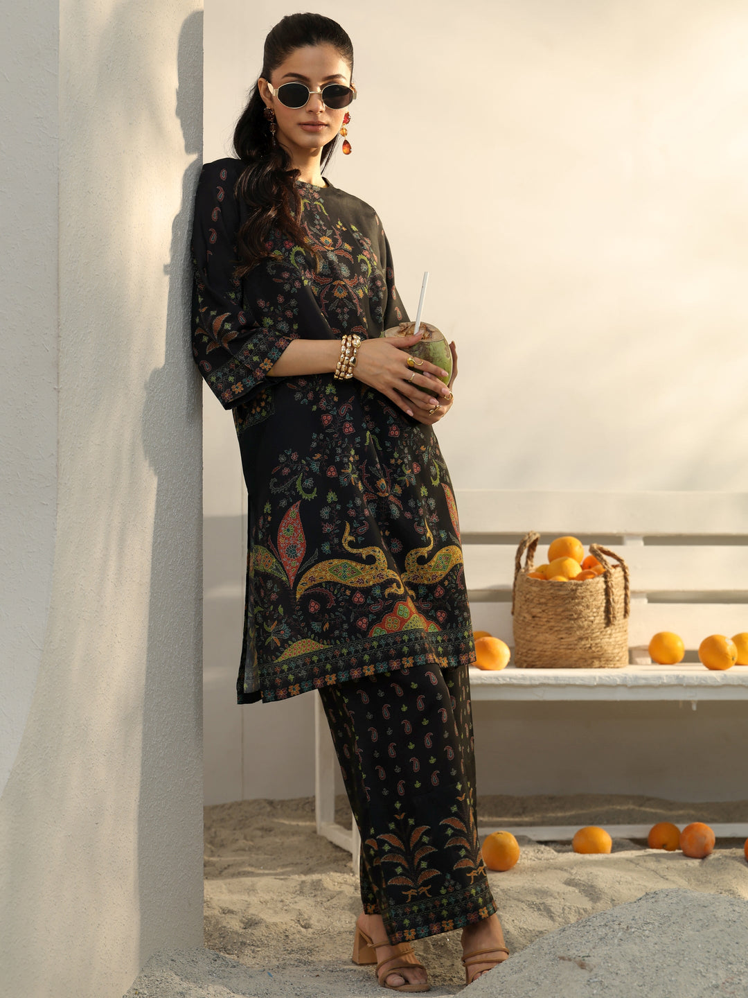 Black Ethnic Printed Cotton Blend Co-Ord Set