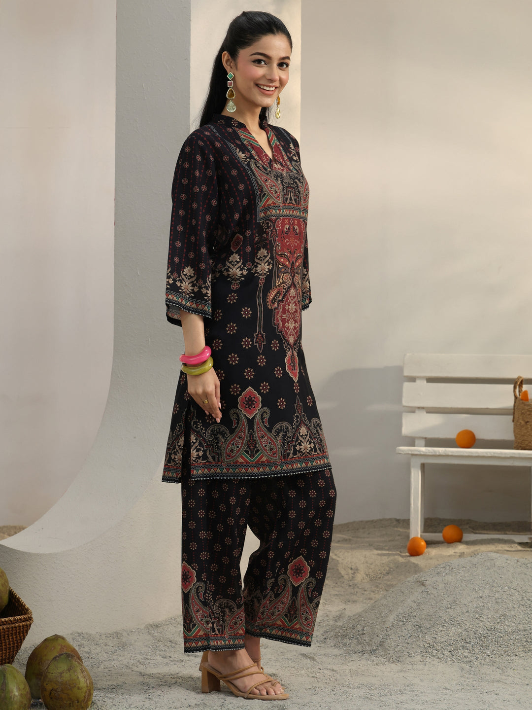 Black Ethnic Printed Cotton Blend Co-Ord Set