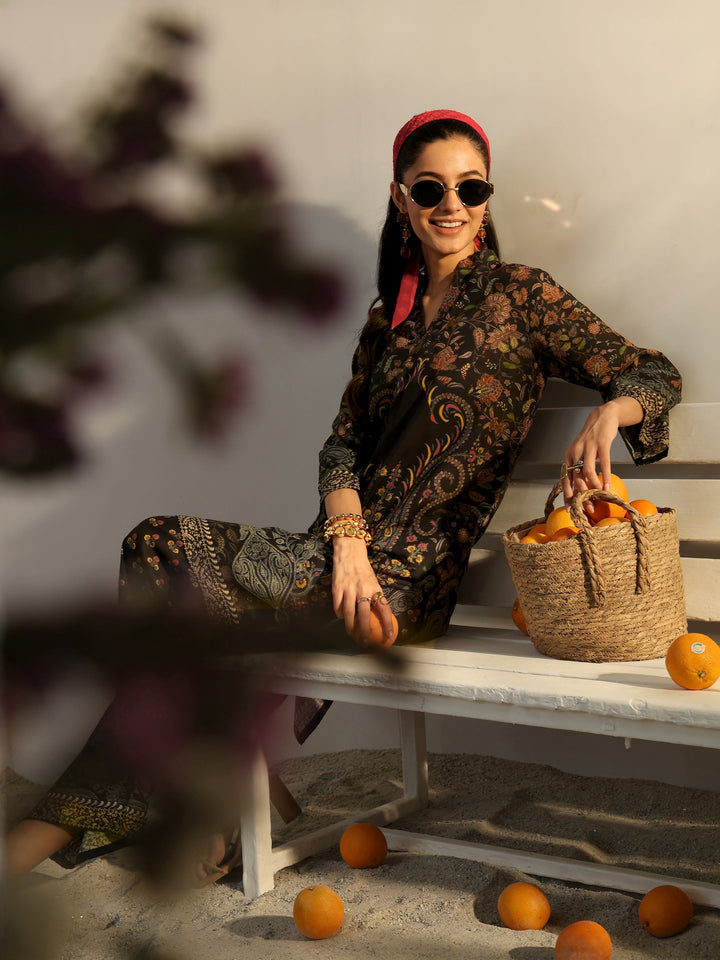 Black Floral Printed Cotton Blend Co-Ord Set