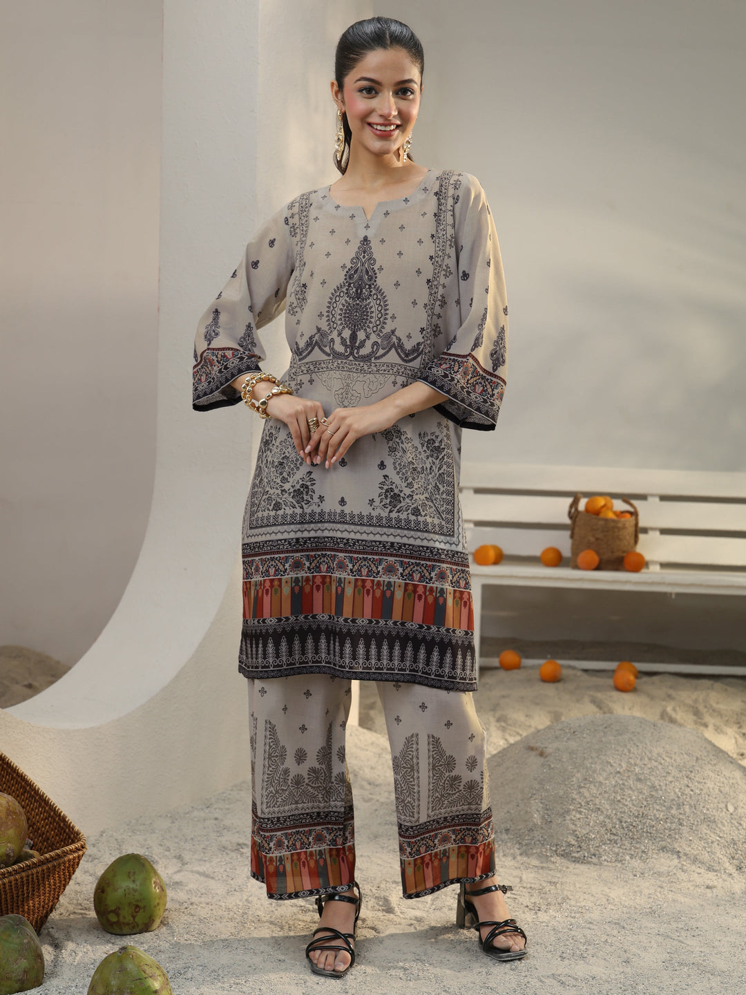 Grey Ethnic Printed Cotton Blend Co-Ord Set