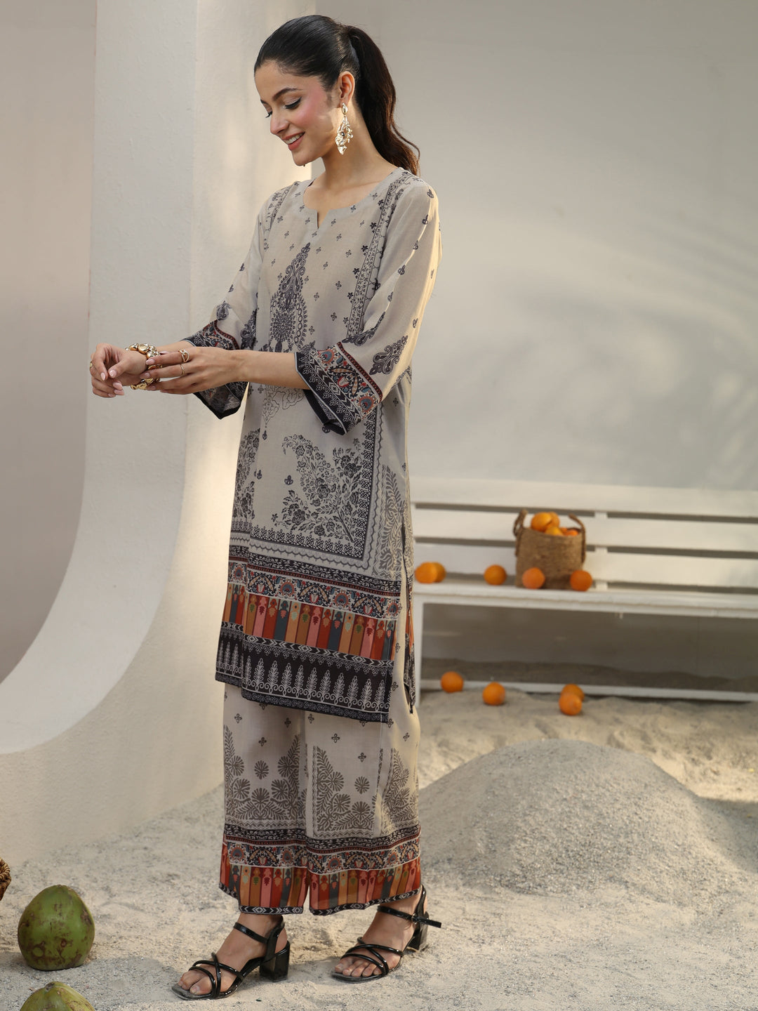Grey Ethnic Printed Cotton Blend Co-Ord Set