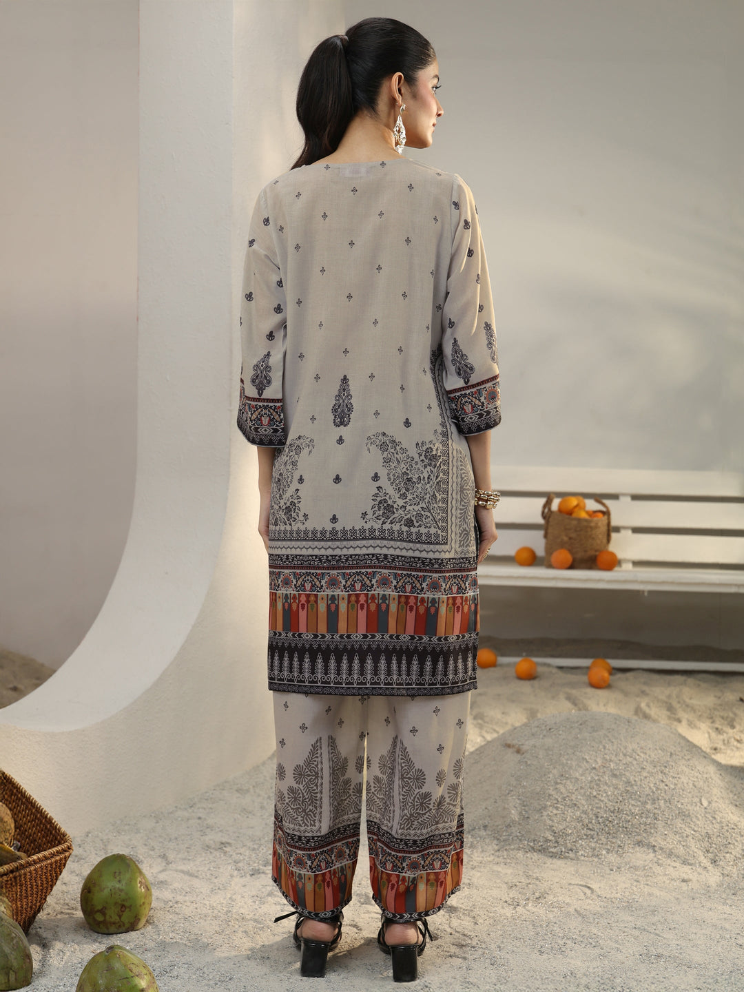 Grey Ethnic Printed Cotton Blend Co-Ord Set