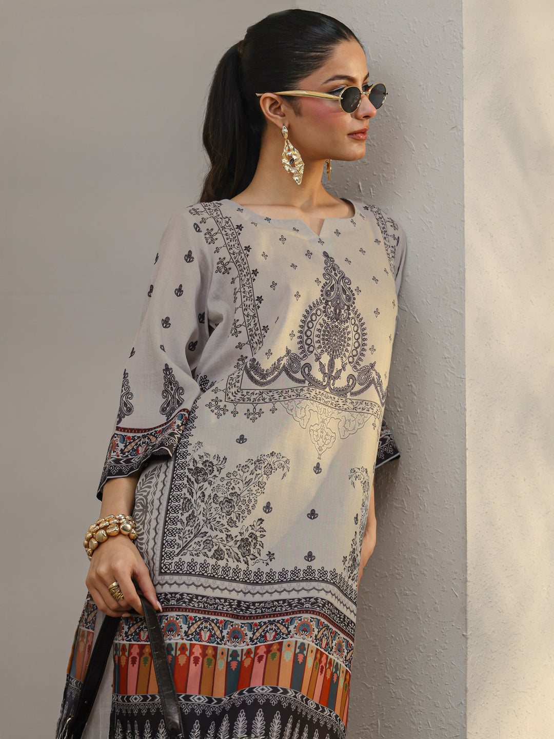 Grey Ethnic Printed Cotton Blend Co-Ord Set