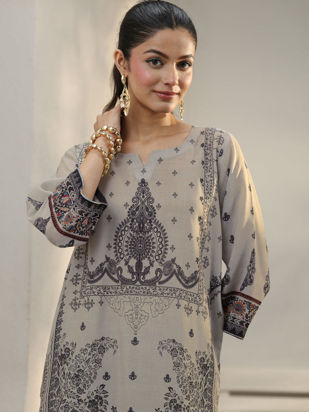 Grey Ethnic Printed Cotton Blend Co-Ord Set