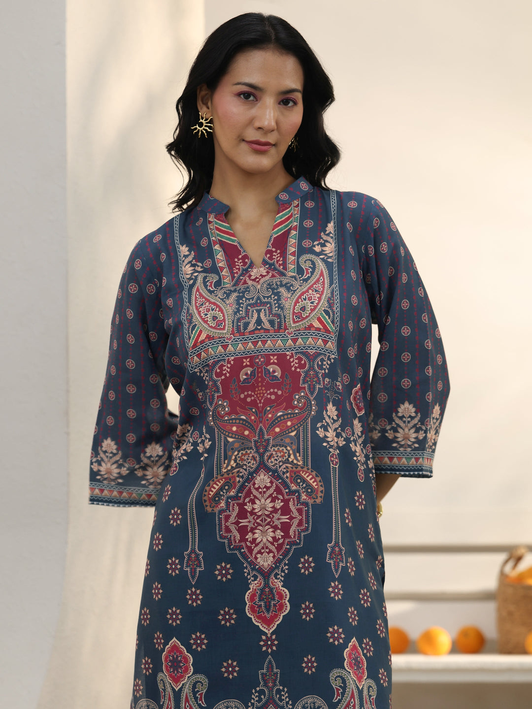 Blue Ethnic Printed Cotton Blend Co-Ord Set