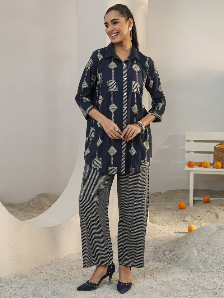 Navy Blue Geometric Printed Rayon Co-Ord Set