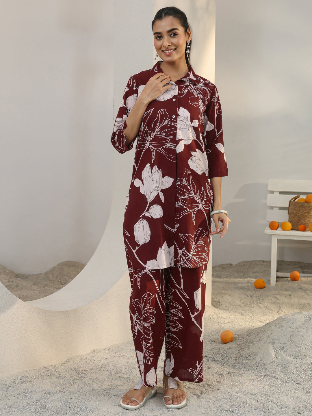 Maroon Floral Printed Cotton Co-Ord Set