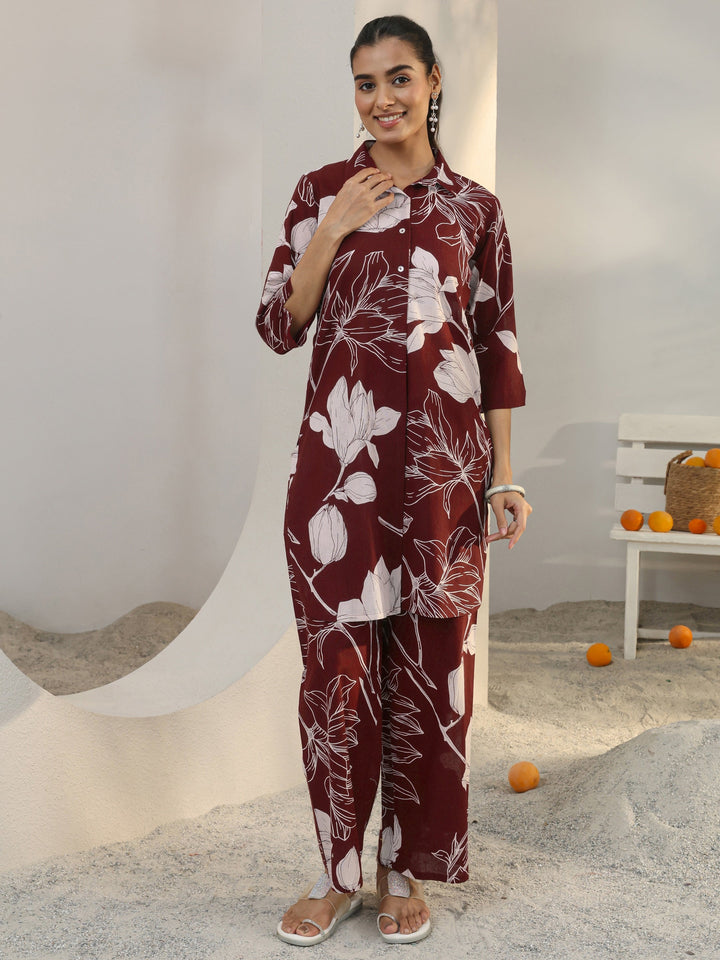 Maroon Floral Printed Cotton Co-Ord Set