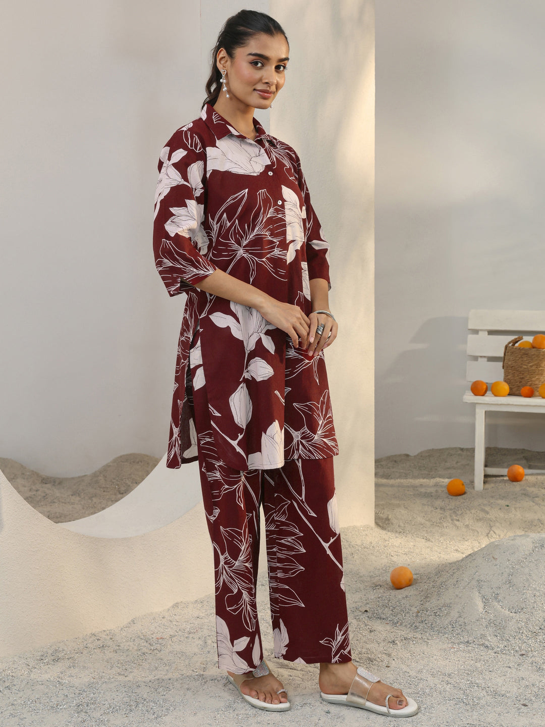 Maroon Floral Printed Cotton Co-Ord Set