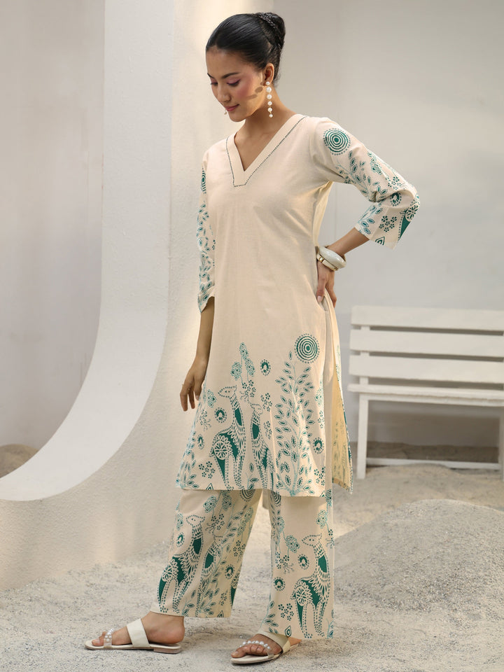 Off White Floral Printed Cotton Co-Ord Set