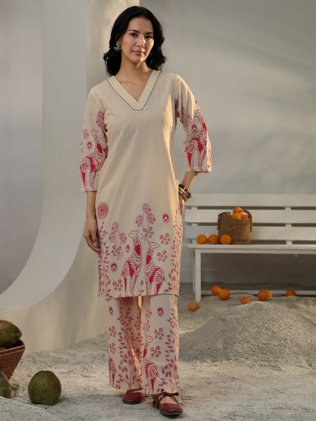 Off White Floral Printed Cotton Co-Ord Set
