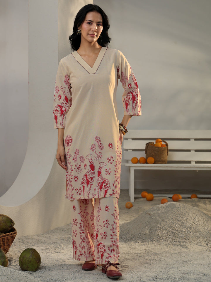 Off White Floral Printed Cotton Co-Ord Set