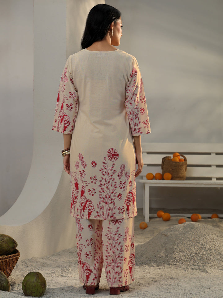 Off White Floral Printed Cotton Co-Ord Set
