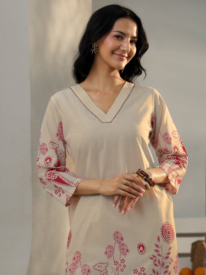 Off White Floral Printed Cotton Co-Ord Set
