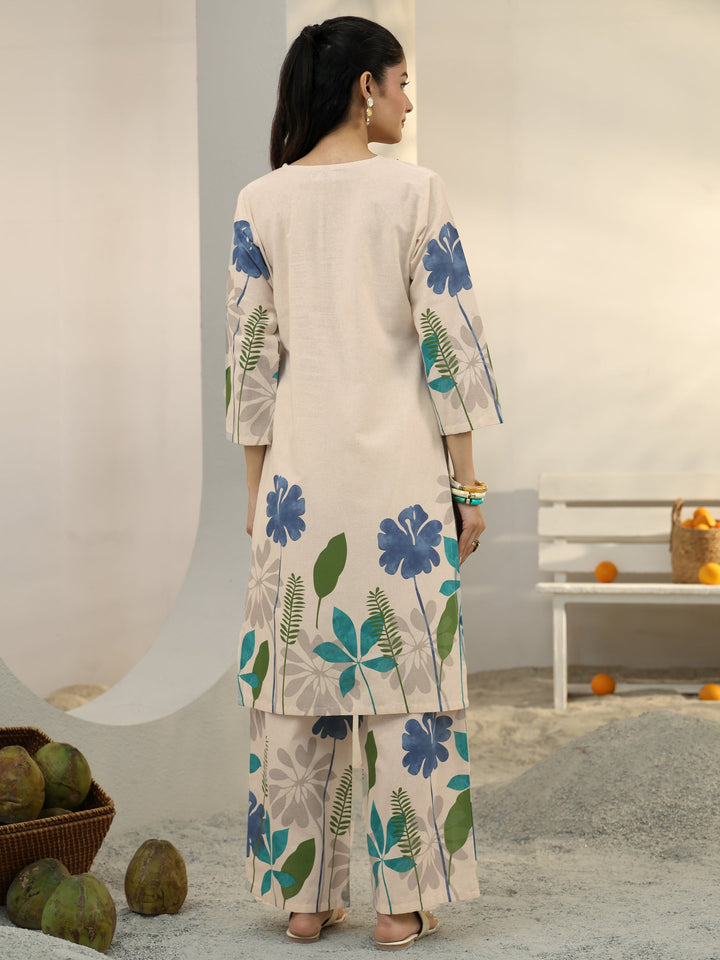 Off White Floral Printed Cotton Co-Ord Set