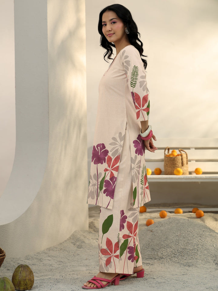Off White Floral Printed Cotton Co-Ord Set