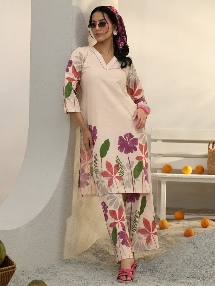 Off White Floral Printed Cotton Co-Ord Set