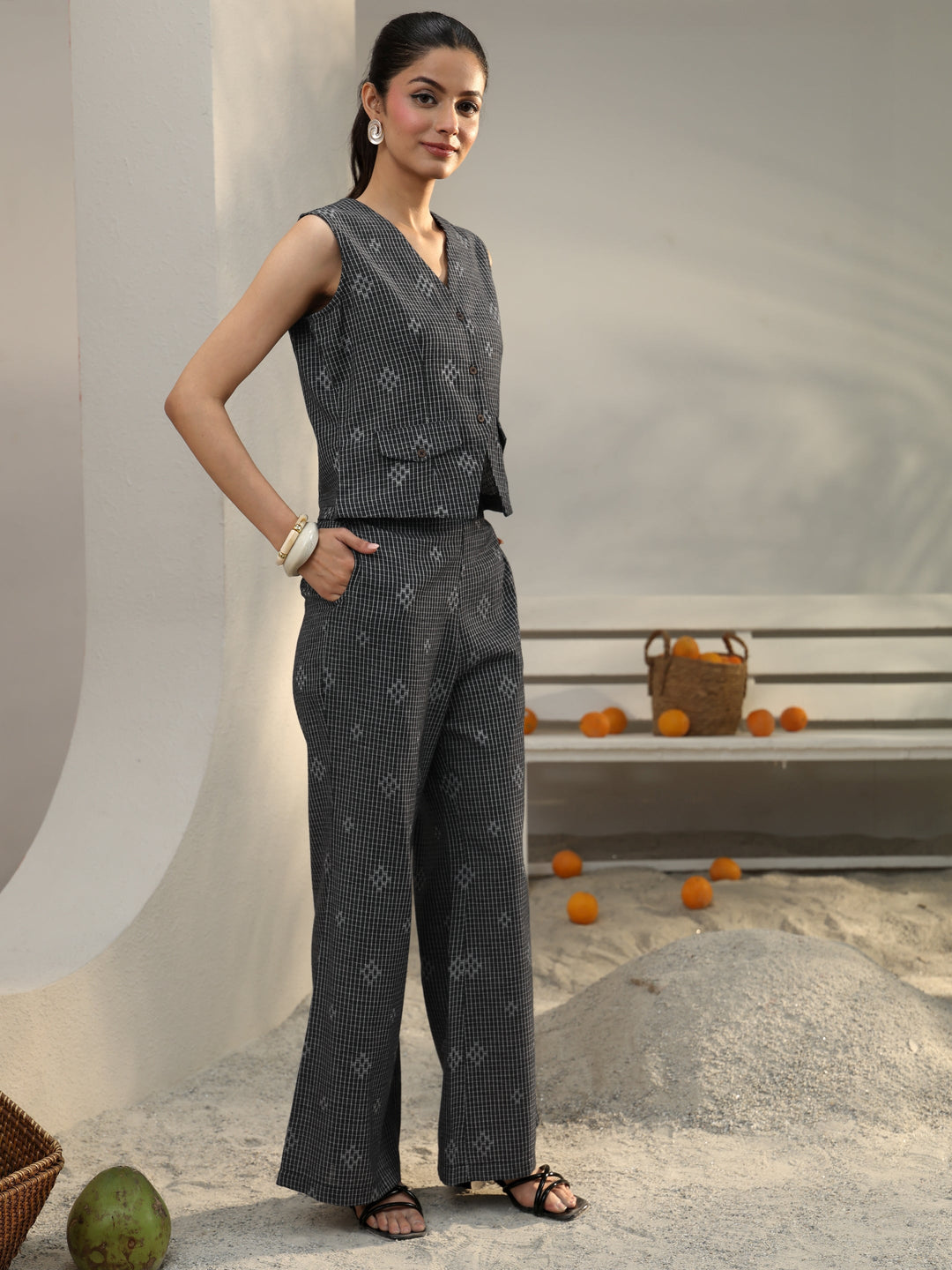 Black Checked Woven Design Cotton Blend Co-Ord Set