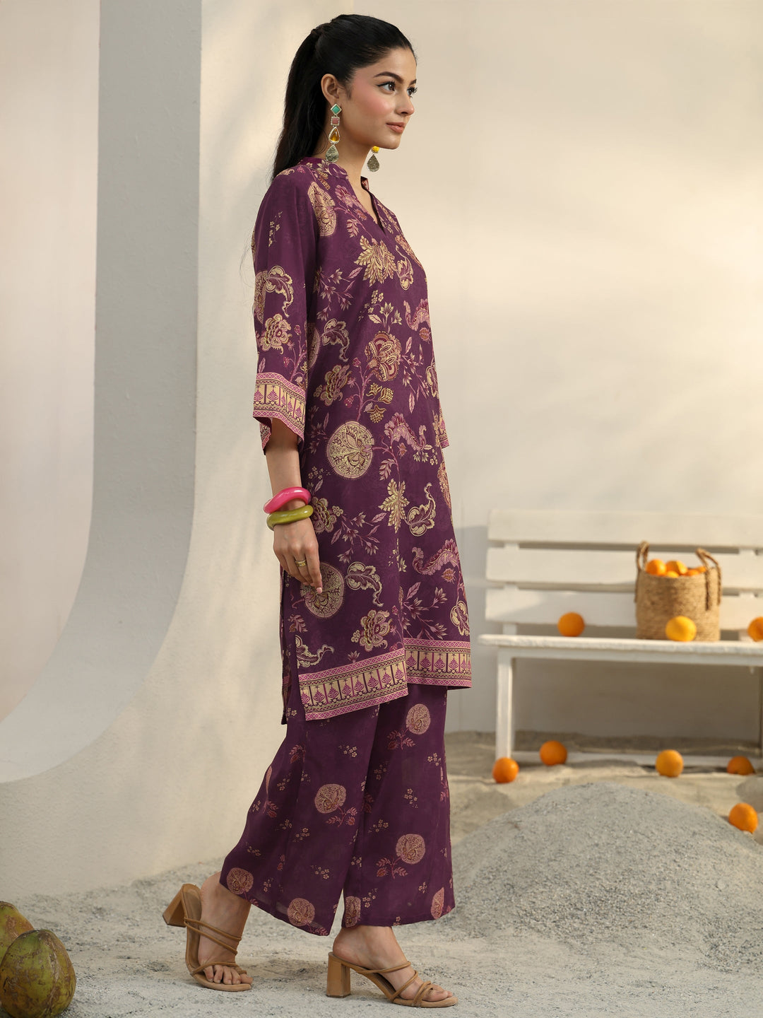 Burgundy Ethnic Printed Cotton Blend Co-Ord Set