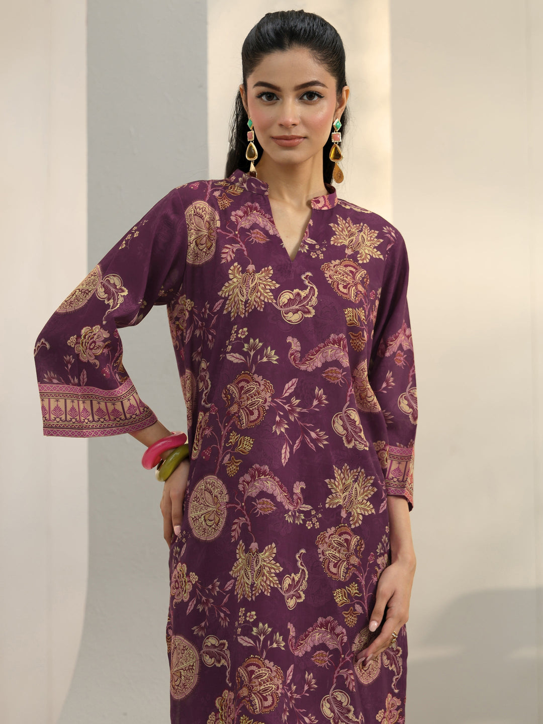 Burgundy Ethnic Printed Cotton Blend Co-Ord Set