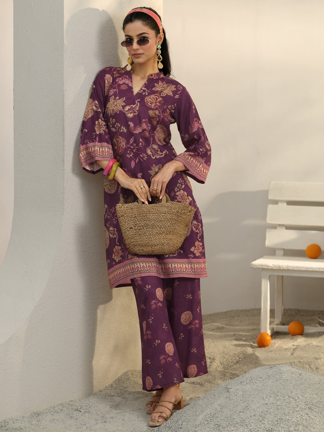Burgundy Ethnic Printed Cotton Blend Co-Ord Set