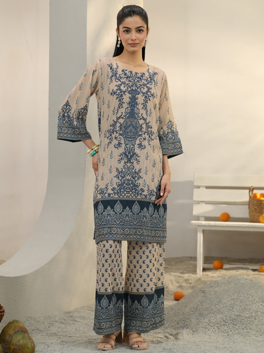 Off White Ethnic Printed Cotton Blend Co-Ord Set